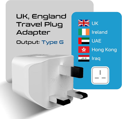Ceptics UK adapters for travel to London, Hong Kong, Ireland - USB-A + USB-C & USA Input - Type G Adapter Grounded - Ideal for Phone, Laptop, Cameras