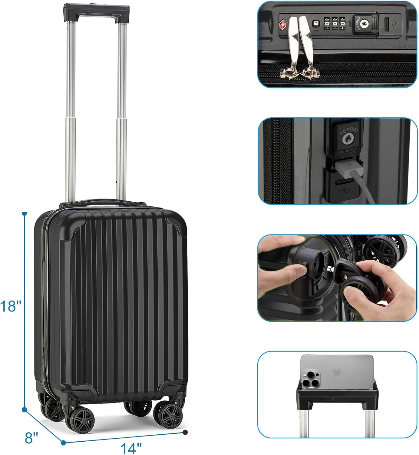 Personal Item Small Suitcase 18x14x8 Inches Hardside Built In TSA Lock & USB Port Lightweight Luggage With Removable Silent Wheels Underseat Carry-On Bag For Spirit and Frontier (Black)