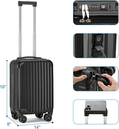 Personal Item Small Suitcase 18x14x8 Inches Hardside Built In TSA Lock & USB Port Lightweight Luggage With Removable Silent Wheels Underseat Carry-On Bag For Spirit and Frontier (Black)