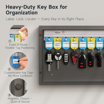 24-Key Cabinet Organizer - Key Lock Box & Safe Security Storage Holder for Valets, Hotels, Car & House Keys, Keeper Box - Black