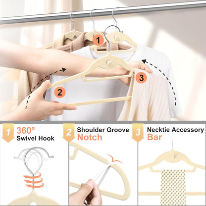 Velvet Felt Stackable Hangers 50 Pack, Non Slip, with 360° Swivel Hook, Ultra Thin and Space Saving for Suits, Shirts, Coats, 15Lbs Capacity Heavy Duty, Ivory