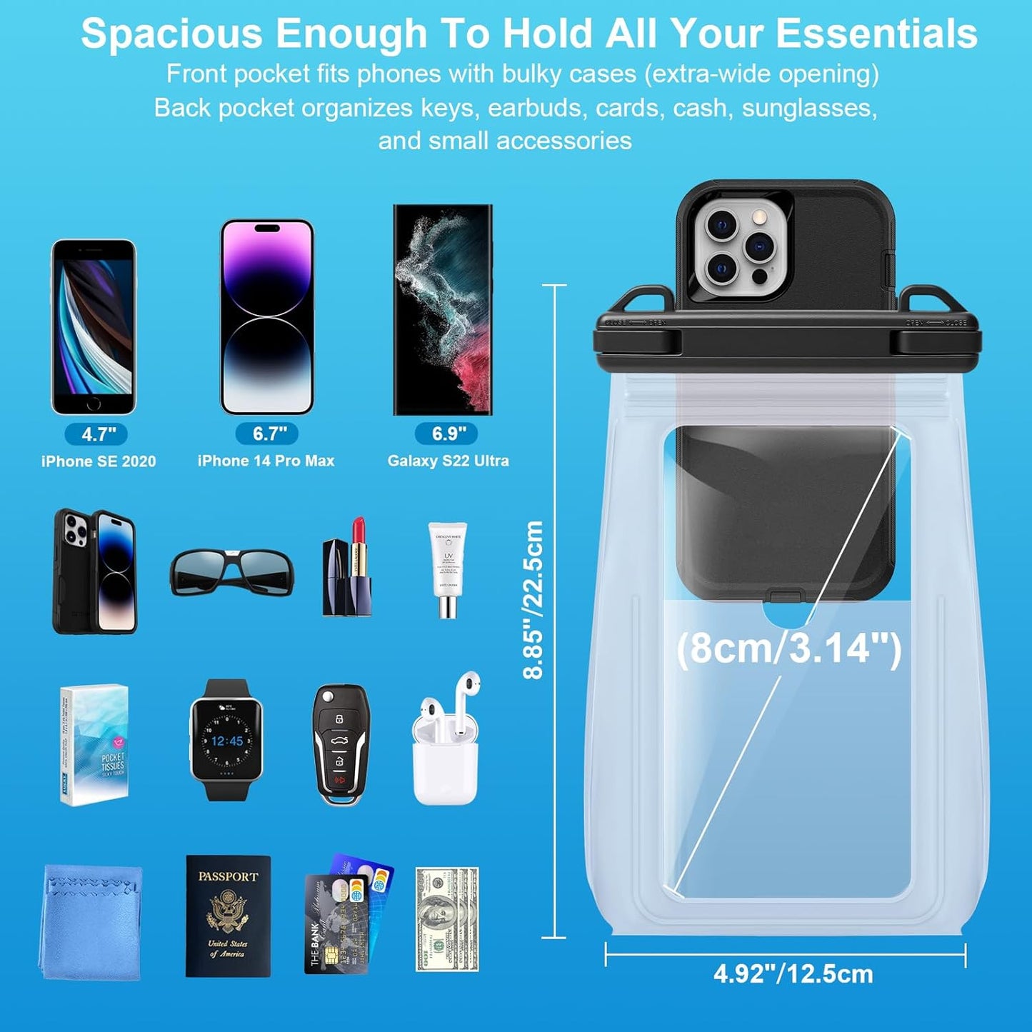 2 Pack Large Waterproof Phone Pouch, Waterproof Phone Case for iPhone 16 15 14 13 Pro Max Galaxy S25 S24 All Devices, IPX8 Double Sealing, Floating Water Proof Bag for Beach Water Park