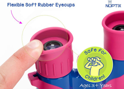 Binoculars for Kids, Girls or Boys Real Kids Binoculars in Vibrant Pink Blue - includes Sticker Book with 40 Bird Species - Kids Toys Small Binoculars, Toddler Binoculars