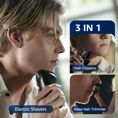 Cordless Electric Razor for Men: 3-in-1 Shaver for Beard/Nose/Sideburns - IPX7 Waterproof Travel Kit - Turbo Speed & Precision Blades