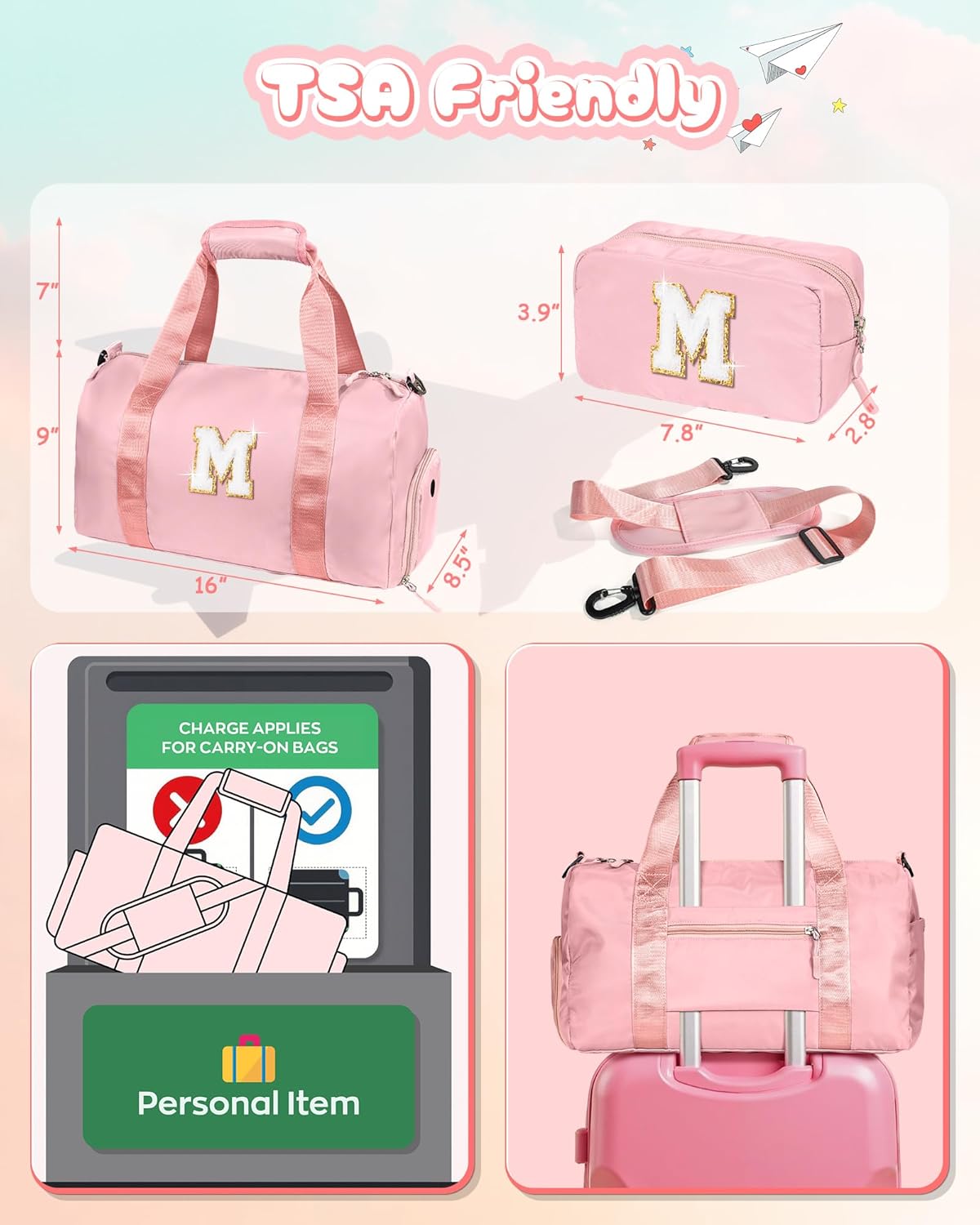 Easter Basket Stuffers Gifts for Kids-Girl Gym Bag with Shoe Compartment, Kid Personalized Weekender Overnight Bags, Initial Travel Tote with Makeup Pouch, Valentines Day Gift (Letter P)