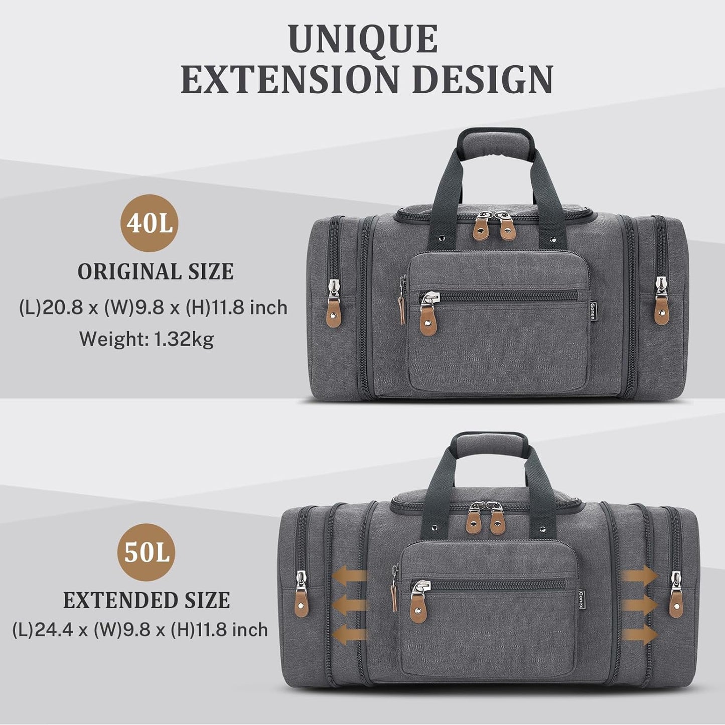Gonex Canvas Duffle Bag for Travel 50L Expandable Duffel Weekend Overnight Bag men (Gray)
