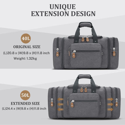 Gonex Canvas Duffle Bag for Travel 50L Expandable Duffel Weekend Overnight Bag men (Gray)
