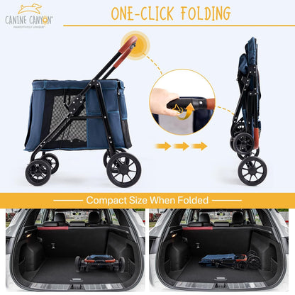 Upgraded 4 Wheels Pet Stroller for Small/Medium Dogs- One Button Fold, Adjustable Mesh Windows and Shades, 360° Swivel Front Wheels and Rear Wheel Brake