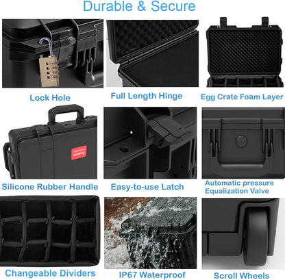 Waterproof Travel Camera Hard Case with Padded Divider, 22 x 14 x 10 Inch, Rolling Case for Camera, Gear, Equipment, Dustproof, Shockproof,Airline Carry-On Approved, Inner 19.8"x 10.9" x 6.8"