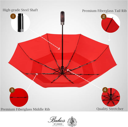 Balios Travel Folding Umbrella with Real Wood Handle Auto Open Close Vented Windproof Canopy - Designed in UK