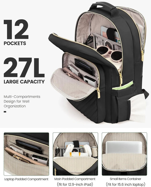 LOVEVOOK Laptop Backpack Purse for Women, Work Travel Computer Bags, College School Backpack for Student Girl, Quilted Casual Daypack with USB Port, Fit 15.6 Inch Laptop, Black