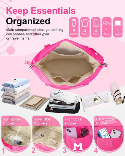 Overnight Bag for Kids Teen Girls Weekender Dance Bag Birthday Graduation Gifts,Initial Travel Duffel Bag Sports Gym Bag Personalized Weekender Bag Carry On Bags Preppy Gifts for Women(Hot Pink, M)