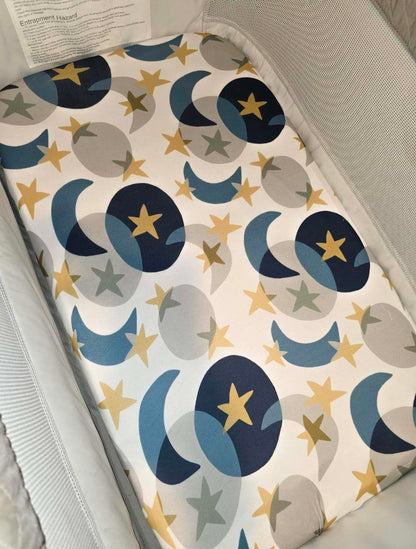 TotAha Space Mini Crib Sheets Fitted, Star & Moon Pack N Play Sheets, Super Stretchy Jersey Knit Playard Sheets, Compatible with Graco Pack N Play Playard Crib and Other Playpen Mattress
