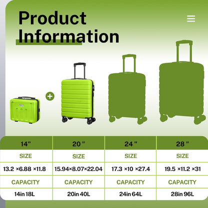 AnyZip Suitcase, 20" Carry On Luggage 14" Mini Cosmetic Cases Luggage Sets Hardside PC ABS Lightweight USB Suitcase with Wheels TSA (2 Piece Set 14/20, AppleGreen)