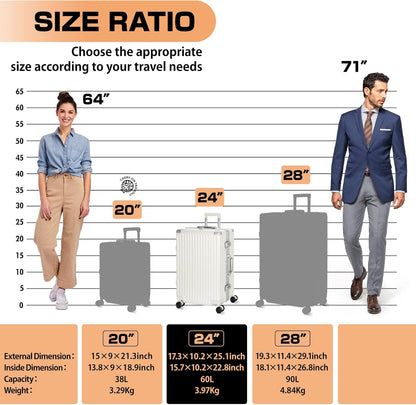 AnyZip Luggage Aluminium Frame Suitcase PC ABS Hard Shell TSA Lock No Zipper 24In White