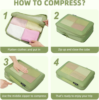 BAGAIL 4 Set/6 Set/8 Set Compression Packing Cubes Travel Accessories Expandable Packing Organizers (Square Mesh, 06-Matcha Green)