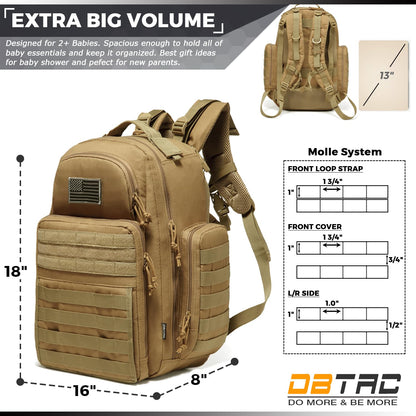 Diaper Bag Backpack for Dad, DBTAC Large Baby Nappy Bag for Men w/Changing Mat, Insulated+Wipe Pockets, Stroller Straps, Tan