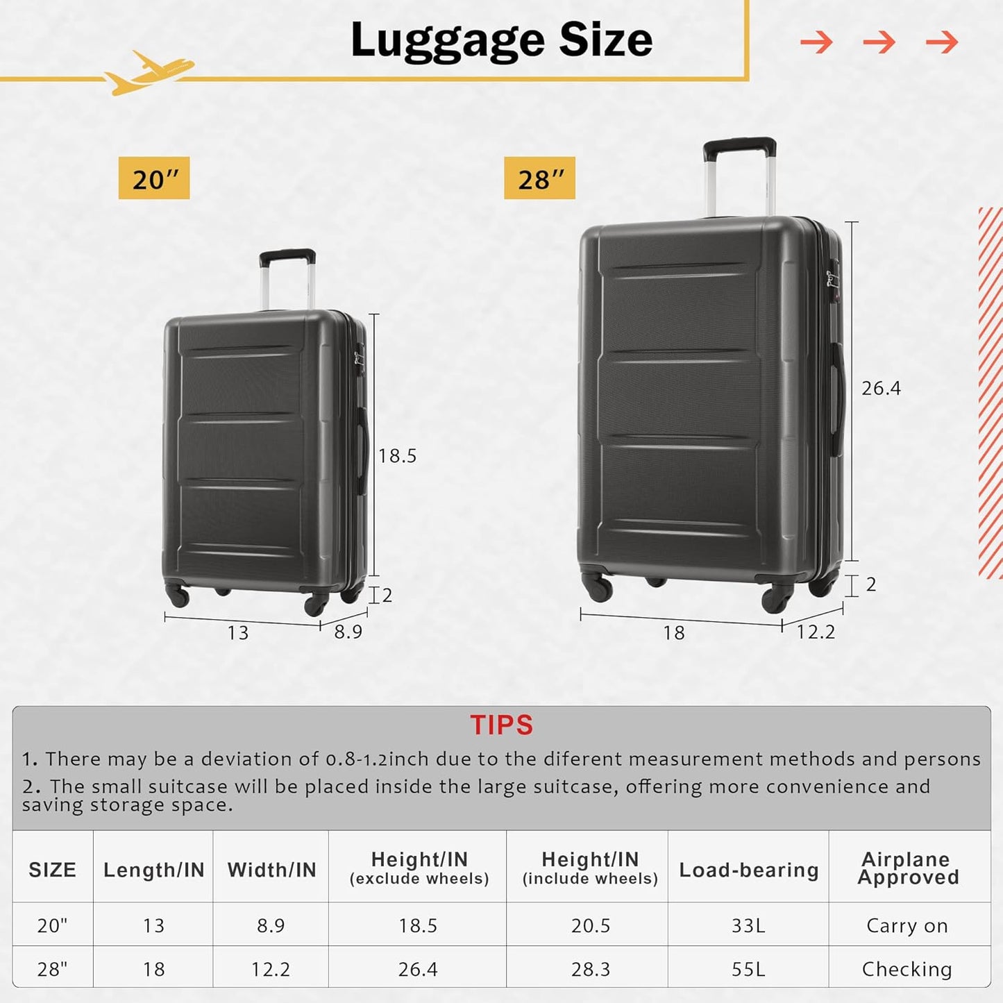 Merax Luggage Set 2 Piece Suitcase Sets with Spinner Wheel,Lightweight Hardside Expandable Travel Laggage with TSA Lock,Suitcase with Travel Bag(20"/28",Dark Gray)
