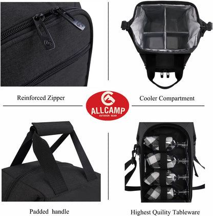 ALLCAMP 4 Bottle Wine Gift Bag - Insulated Tote Cooler, Adjustable Strap, Includes 4 Wine Glasses, Napkins & Corkscrew, Portable Travel Gifting (Black)