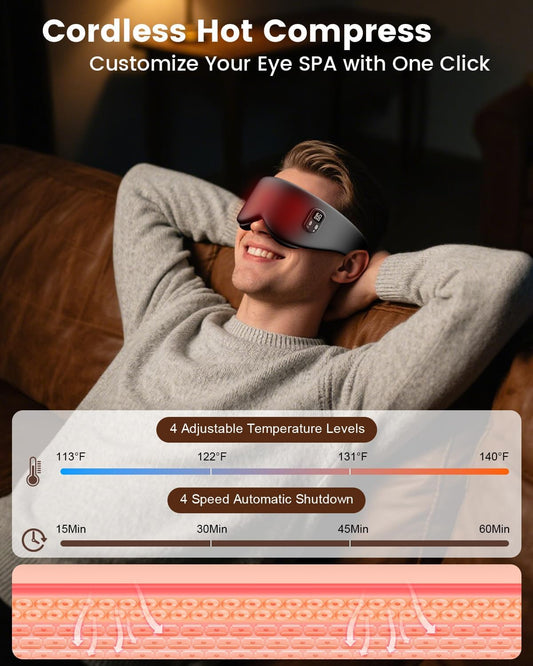 Heated Eye Mask - Cordless Eye Mask for Dry Eyes, Eye Relief, Improved Sleep, Timed Shutdown, 4 Temperature, Washable Silk Eye Heating Pad for Travel, Removable for Cleaning - Black