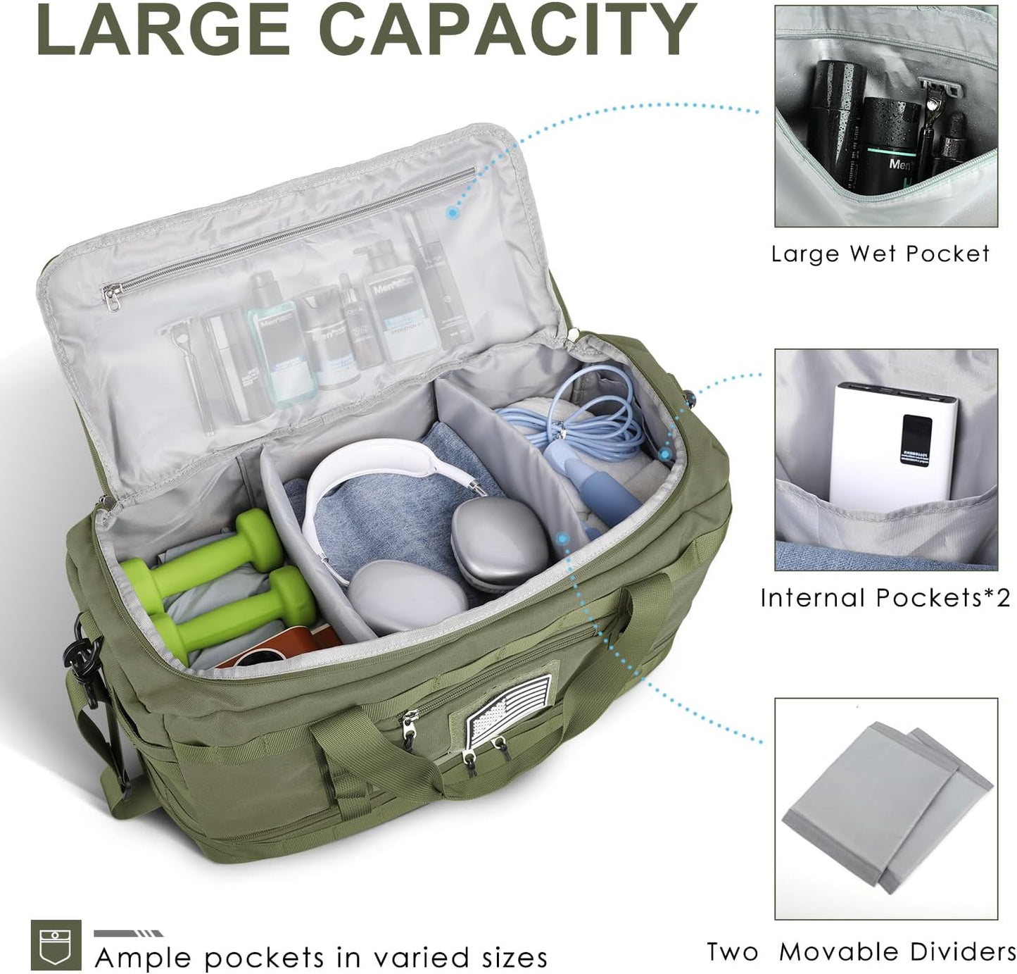 ETRONIK Travel Bag for Men Women, Gym Bag & Tactical Duffle Bags for Travel, Carry on with Toiletry Bag and Shoe Compartment, Weekender Overnight Trip with Wet Pocket for Workout Medical, Green