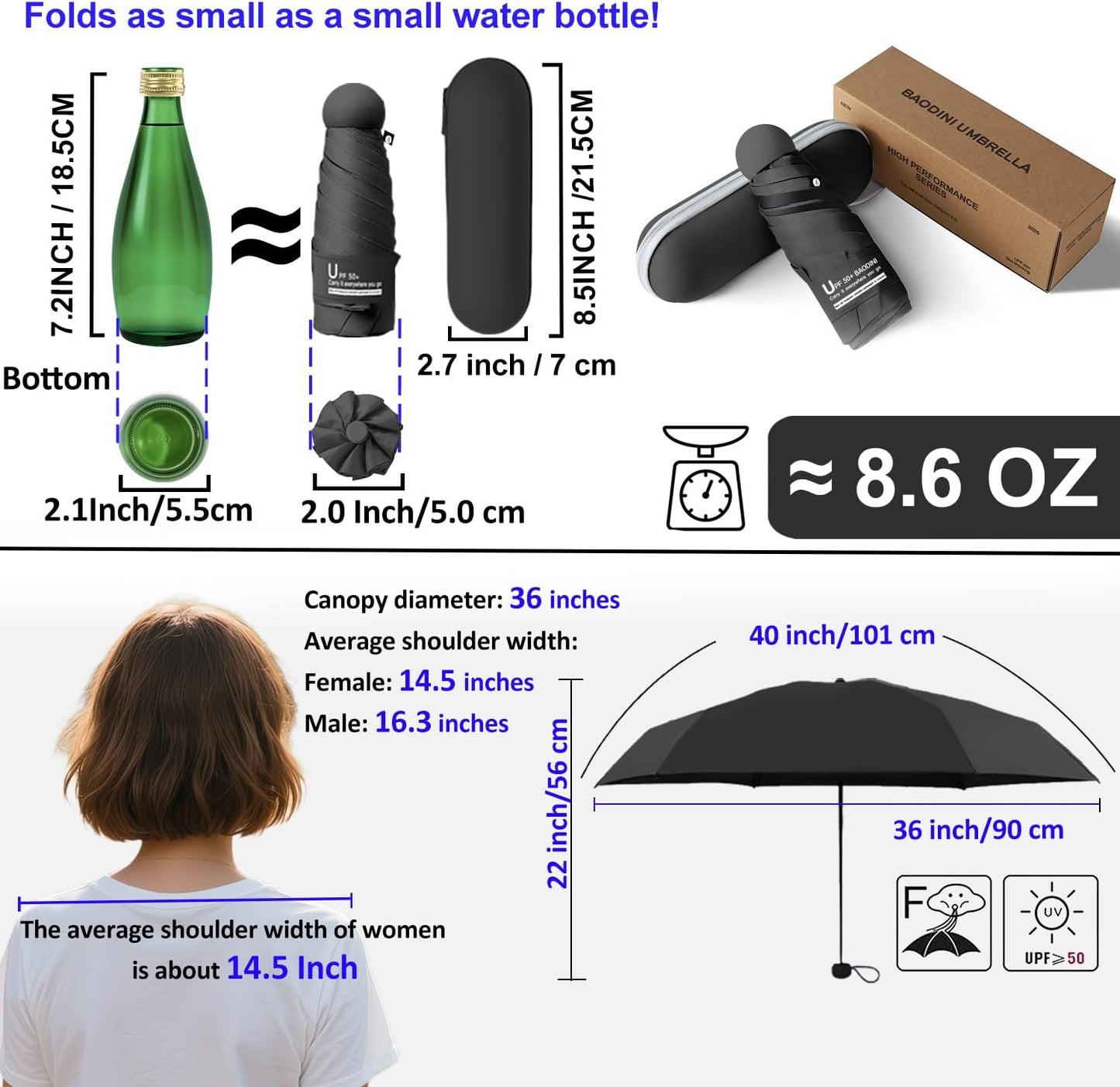 BAODINI Travel Mini Umbrella for Purse With Case Small Compact UV Sun Protection Sun Lightweight Tiny Pocket Umbrella for Women Kids and Men