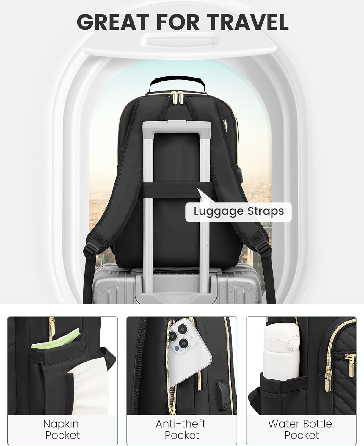 LOVEVOOK Laptop Backpack for Women, Travel Computer Work Bags with 17-inch Laptop Compartment, College School Student Bag Teen Backpacks For Girls, Hiking Outdoor Carry On Backpack Purse, Black