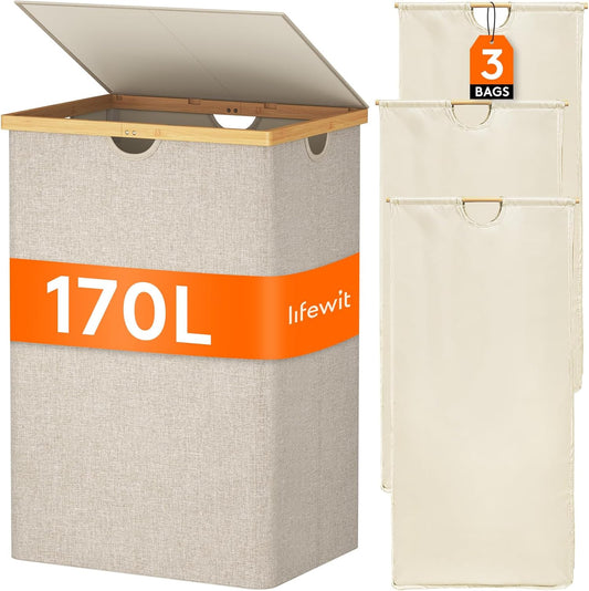 Lifewit 170L Triple Laundry Hamper with Lid, Extra Large Bamboo Laundry Basket Dirty Clothes Hamper,3 Section Laundry Bin Organizer for Laundry Room Bedroom with 3 Removable Liners & Bags, Beige
