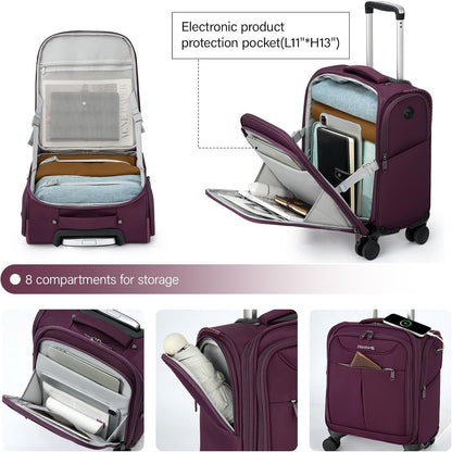 Hanke Underseat Carry On Luggage with Wheels, Lightweight Small Suitcase Airline Approved 16 Inch Softside Personal Item Travel Bag for Women Men, Compact Under Seat Luggage with Spinner Wheels,Purple