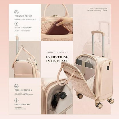 Verage 18x14x8in Spinner Underseat Carry-On Luggage -Airplane Personal Item Bag, USB A&C Charging Port, Padded Laptop Pocket & Wet/Dry Compartments for Women, Blush Pink