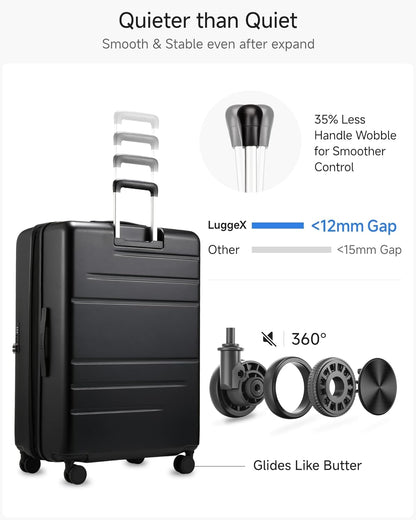 LUGGEX Checked Suitcase Top Opening, FLT Expandable Polycarbonate Hard Shell Suitcase with Wheels (FLO-Lite, Black, 28 Inch, 105L-115L)