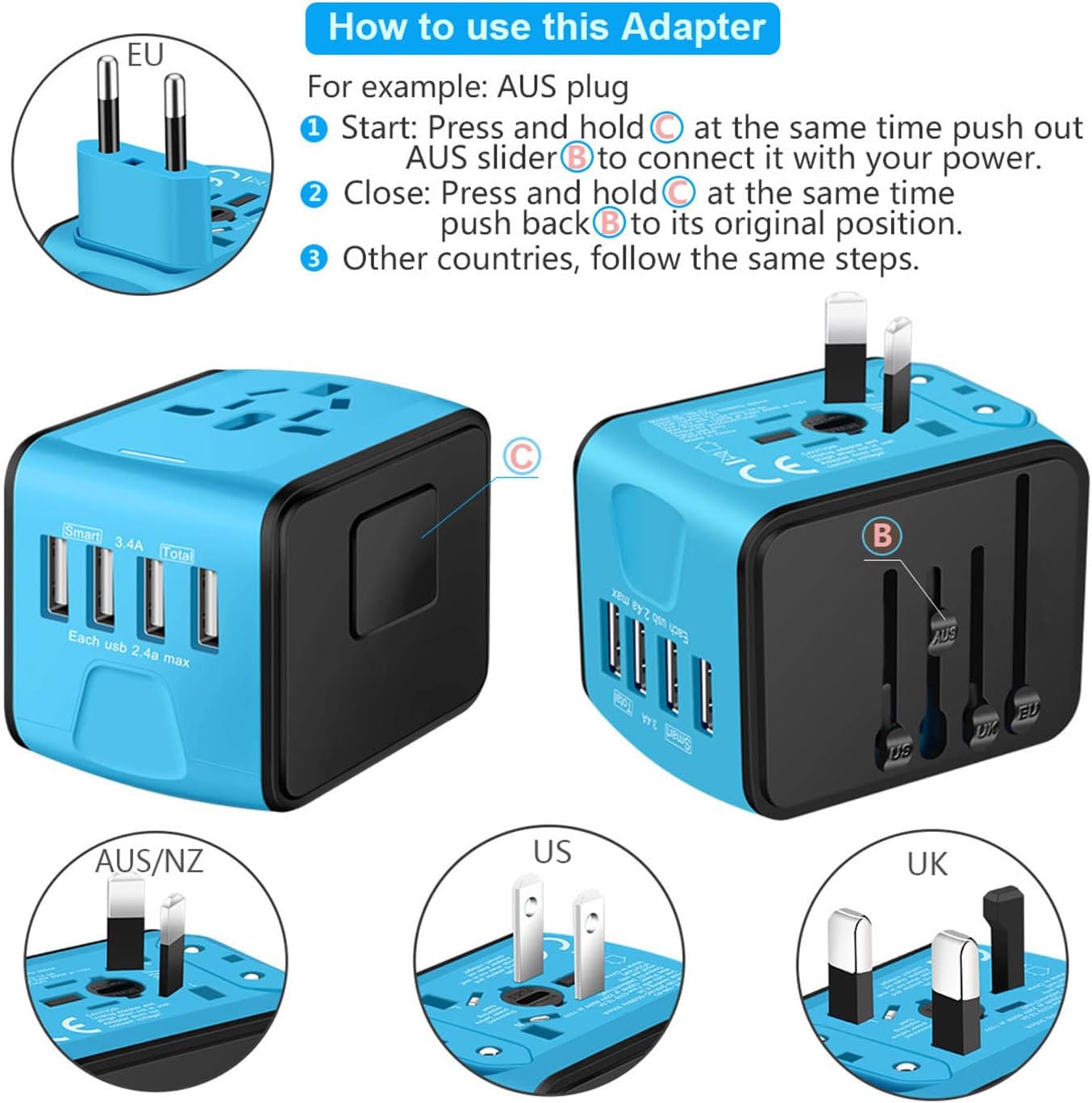 Universal International Travel Power Adapter W/Smart High Speed 2.4A 4xUSB Wall Charger, European Travel Plug Adapter, Worldwide AC Outlet for Europe, UK, US, AU, Asia-Blue