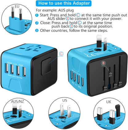 Universal International Travel Power Adapter W/Smart High Speed 2.4A 4xUSB Wall Charger, European Travel Plug Adapter, Worldwide AC Outlet for Europe, UK, US, AU, Asia-Blue
