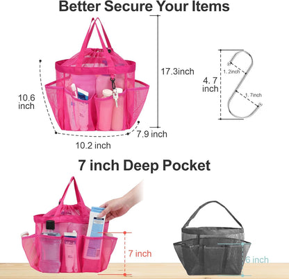 F-color Mesh Shower Caddy Portable with Drawstring - Upgrade Deeper 7 Pockets Dorm Room Essentials for Guys Girls with S Hook, Shower Bag Basket Tote for College Camping Toiletry Bathroom, Rose red