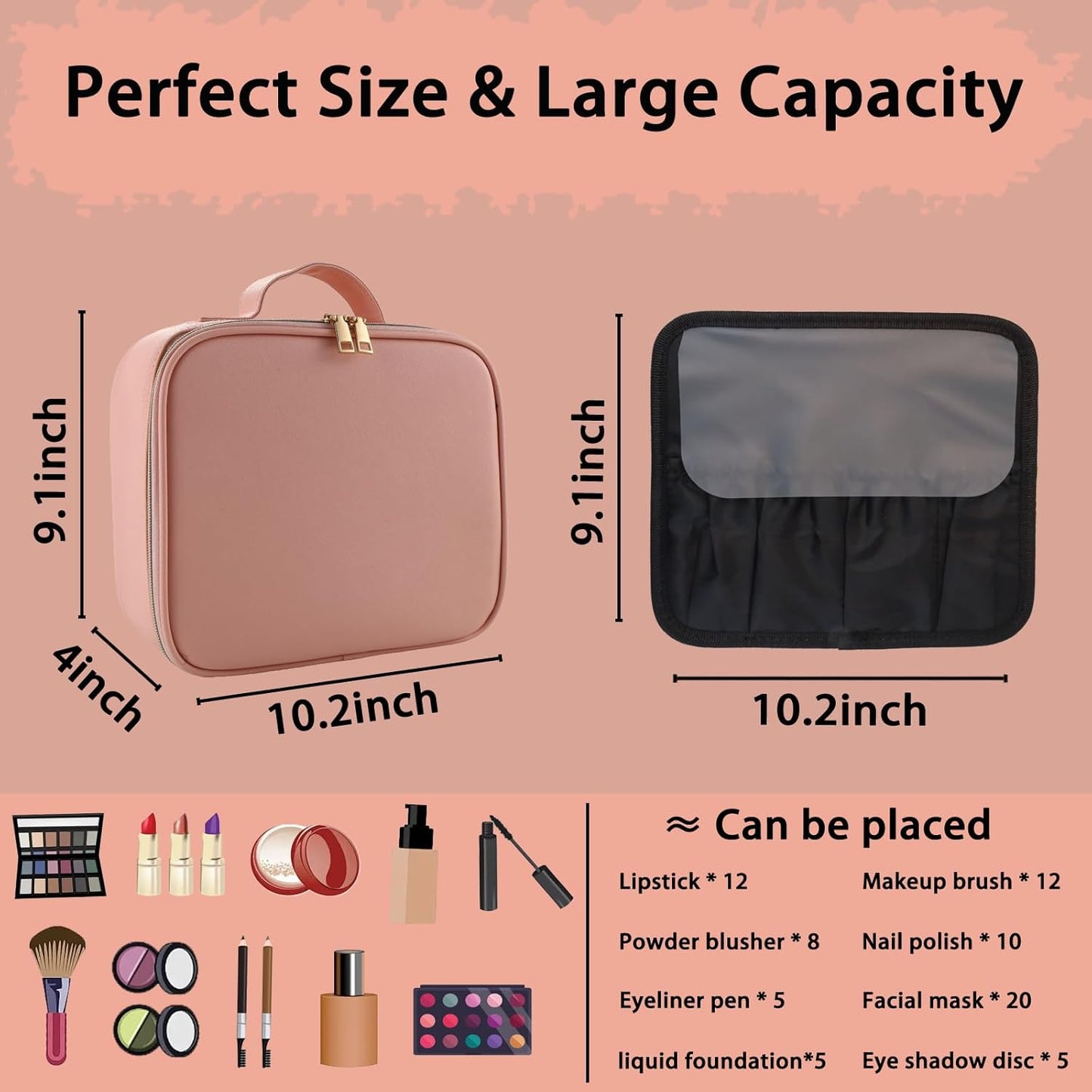 Makeup Bag with Led Mirror,Travel Makeup Organizer with 3 Color Setting, Portable Storage and Adjustable Dividers Travel Makeup Bag(Pink)