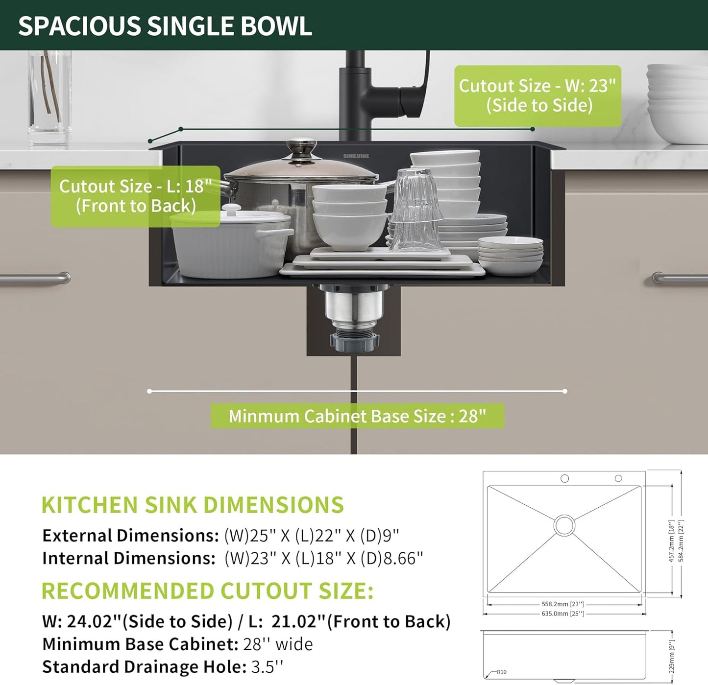 Black Drop-In Kitchen Sink 25 x 22 inch, SINKVINE PVD Nano Stainless Steel Sink for Laundry Outdoor, with Top Mount Large Deep Single Bowl, Drain Strainer, Bottom Grid, Roll-up Drying Unit, Dark Gray