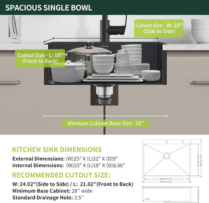 Black Drop-In Kitchen Sink 25 x 22 inch, SINKVINE PVD Nano Stainless Steel Sink for Laundry Outdoor, with Top Mount Large Deep Single Bowl, Drain Strainer, Bottom Grid, Roll-up Drying Unit, Dark Gray