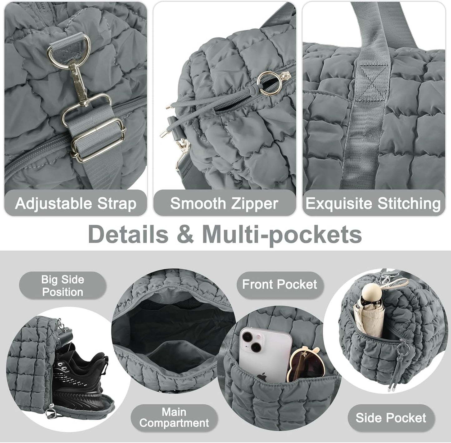 Quilted Travel Duffle Bag Gym Bag for Women,Large Puffer Duffle Weekender Bag with Compartment,Workout Overnight Carry on Organizer Bag Duffle Bag for Airplane Travel(L-Grey)