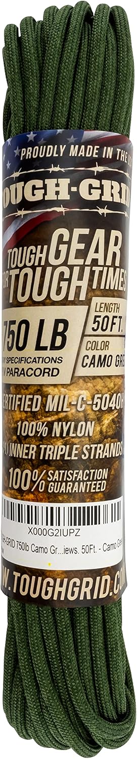 TOUGH-GRID 750 Paracord Rope Nylon Parachute Cord, Made in USA Survival Kit, Outdoor Adventures, Camping, Tactical Gear & Emergency Supplies, Military Type IV Mil-Spec
