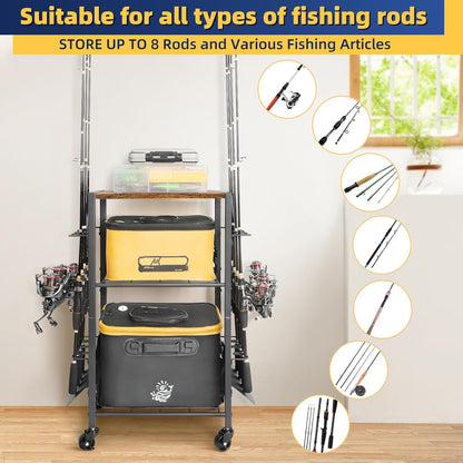 Olakee Fishing Rod Holder, Fishing Pole Holders for Garage Boat Home Entryway Fishing Gear Storage with Tackle Cart Ideal Gift for Men Dad Anglers Corner Design for Rods and Equipment Organizers