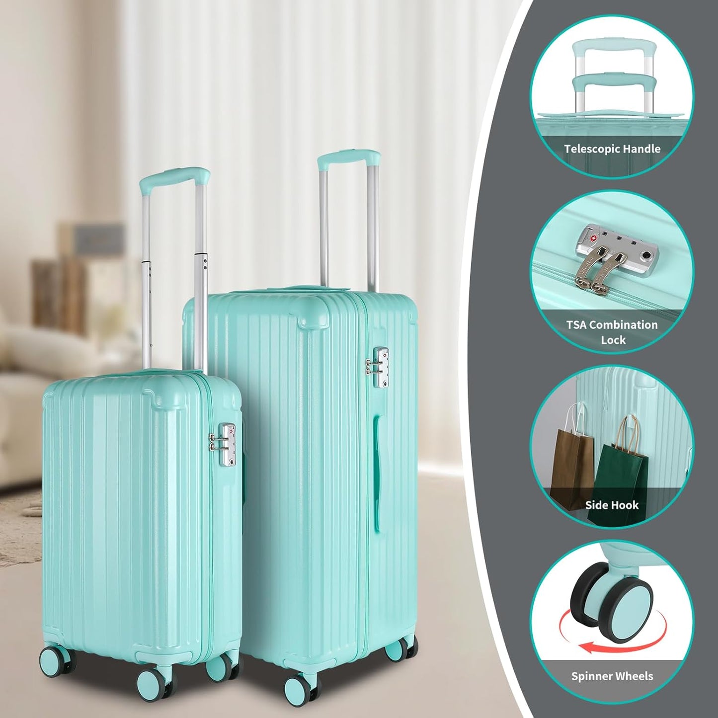 Carry-on 20 Inch and 28 Inch Square Thickened ABS+PC Hard Shell luggage, 2-Piece Suitcase Set with TSA Lock & Dual Zipper Mesh Inner Layer Design, Mint Green