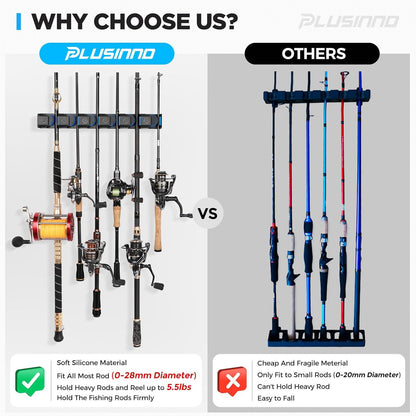 PLUSINNO Fishing Rod Holders - V6 Vertical Support for Extra Large & Heavy Fishing Rod Combos, Garage & Wall Mounted Rack Storage