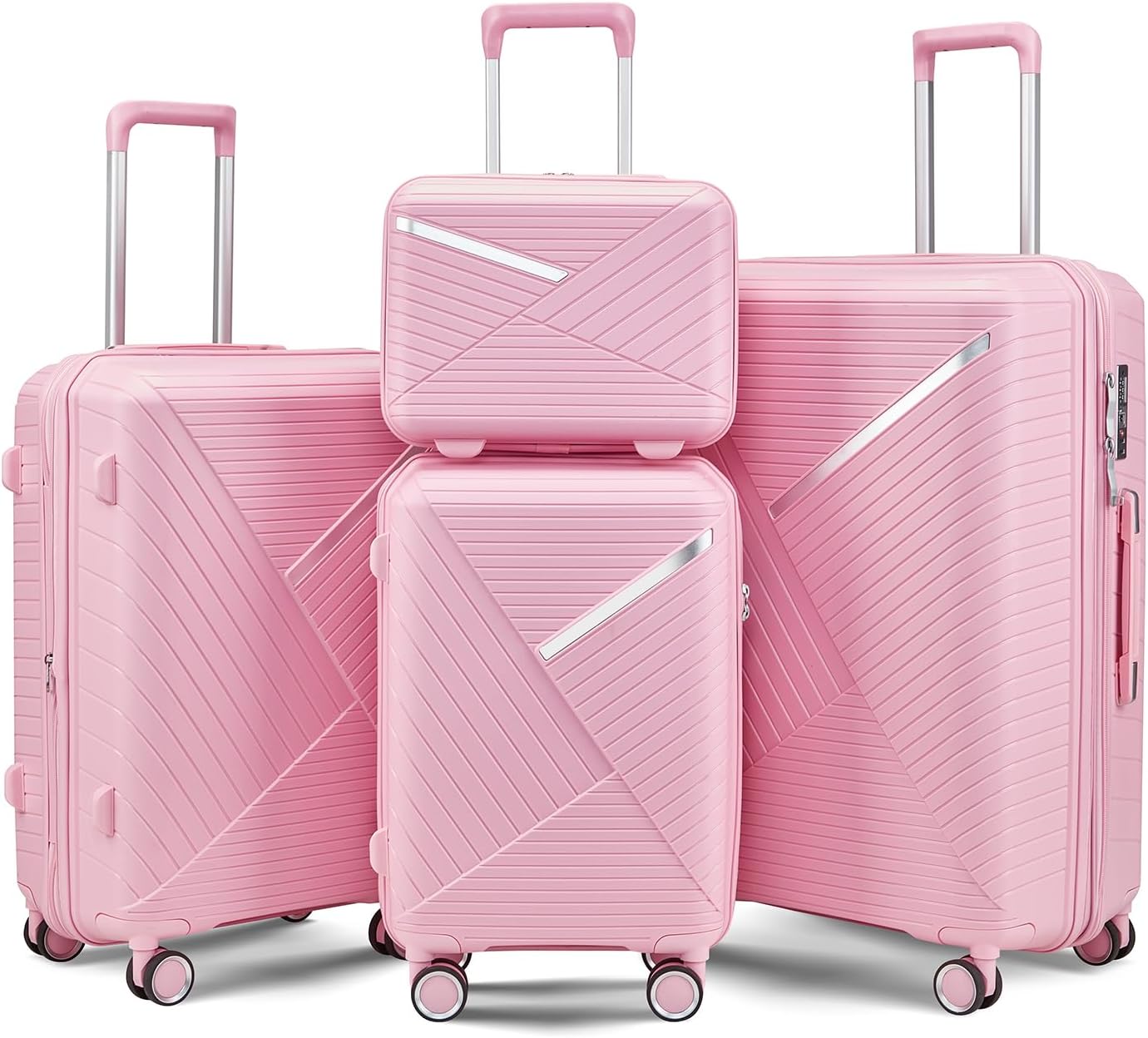Campfun Luggage 4 Piece Sets, Expandable Carry On Luggage Set Hardshell PP, Suitcase Set with Double Spinner Wheels, Checked Durable Lightweight with TSA Lock, 14in 20in 24in 28in-Pink(B)
