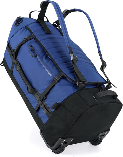 Rolling Duffle Bag with Wheels,86L 30”Folding Duffle Backpack with 2 Wheels,Travel Bag with Separate Shoe Compartment,Dark Blue