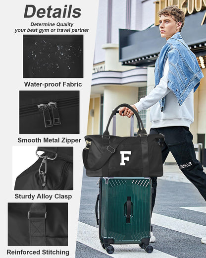 Initial Travel Duffel Bag Sports Gym Bag for Boys Teen Birthday Gifts,Black Personalized Weekender Bag Carry On Tote Bags for Men,Waterproof Overnight Luggage Bag Airplane Travel Essentials(Letter F)