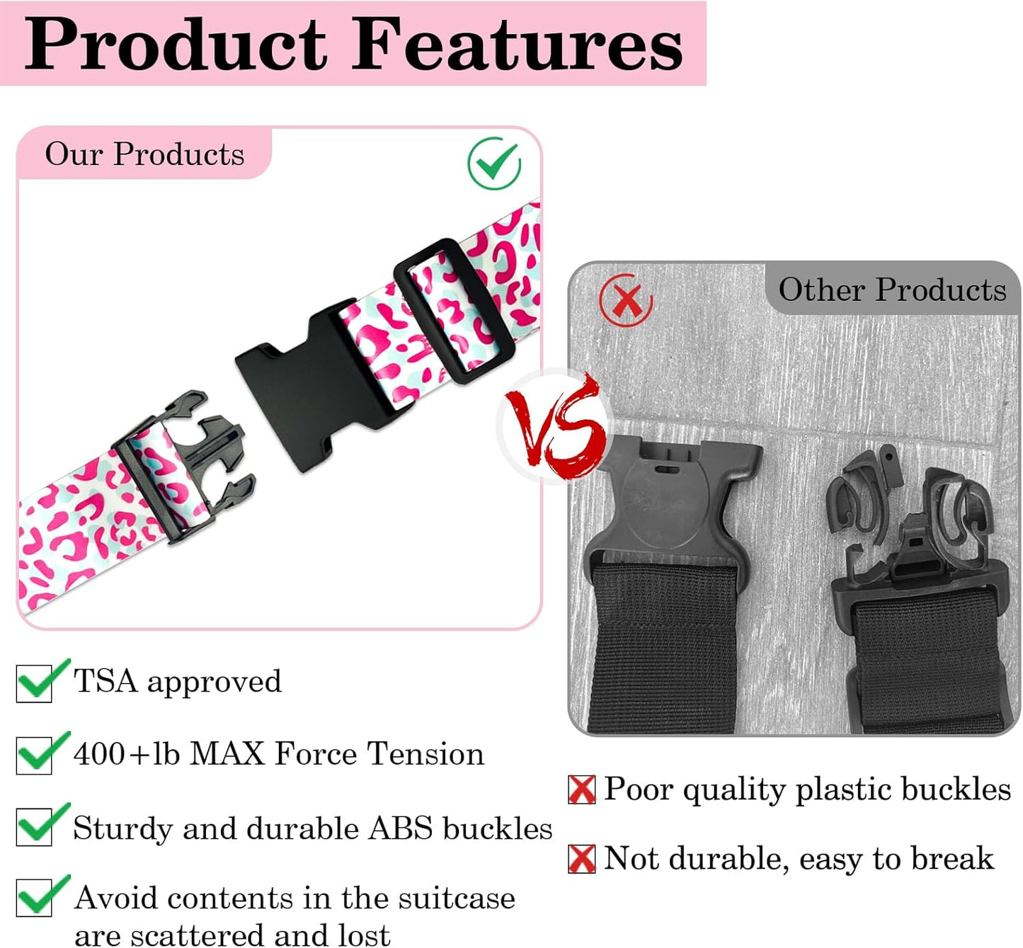 Pink Leopard Luggage Straps for Suitcases TSA Approved, Luggage Identifiers for Suitcase, Adjustable Suitcase Strap for Baggage Security with Cute Patten, Travel Necessary Accessories