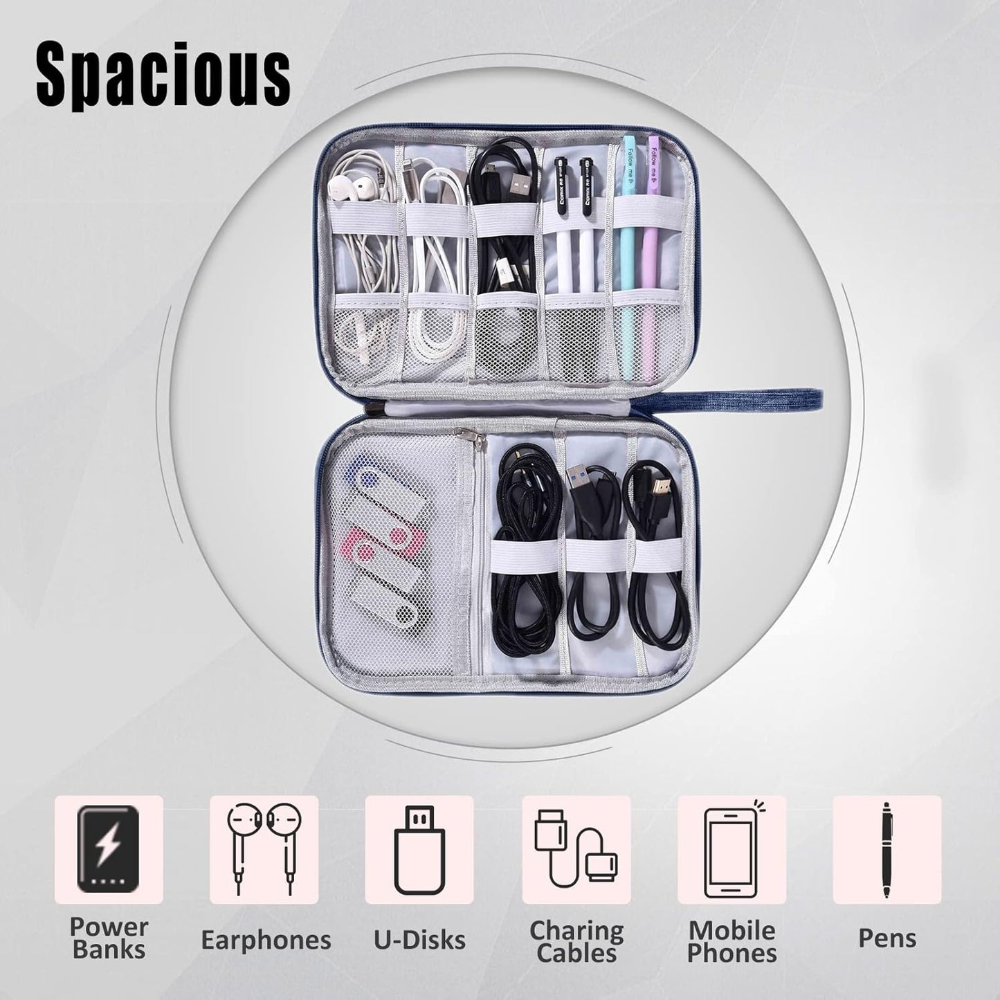 CILLA Travel Cord Organizer Case, Portable Waterproof Storage Bag for Charger, Cord, USB, Power Bank, Earphone, SD Card, Travel Essentials