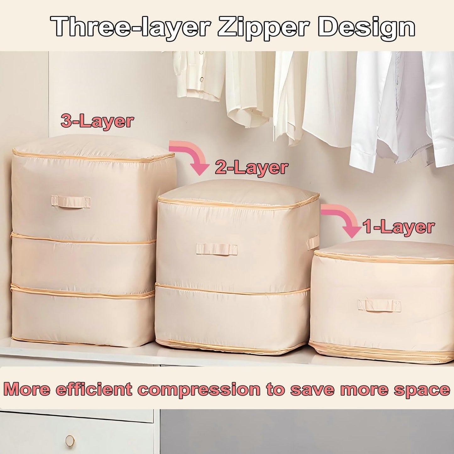 Ultra Space Saving Self Compression Organizer, 2025 New 3-Layer Zipper Large Capacity Storage Bag, Thick Satin Fabric Heavy Duty Bags for Comforters Blankets Bedding Duvet (Pink, X-Large, 21x17x24in)