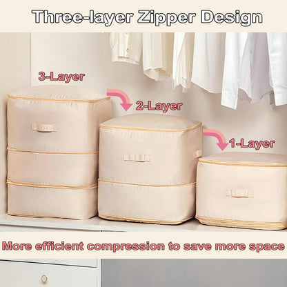 Ultra Space Saving Self Compression Organizer, 2025 New 3-Layer Zipper Large Capacity Storage Bag, Thick Satin Fabric Heavy Duty Bags for Comforters Blankets Bedding Duvet (Pink, X-Large, 21x17x24in)