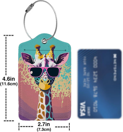 Giraffe in Sunglasses 2 Pack Luggage Tag for Suitcase, Leather Bag Tags Identifiers Privacy Cover ID Label with Steel Loop for Women Men Kids Girls Travel